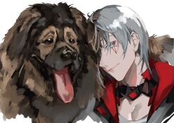 Rule 34 | 1boy, black choker, black jacket, choker, dog, facial tattoo, fulgur ovid, fulgur ovid (1st costume), grey eyes, grey hair, hair between eyes, hair over one eye, jacket, lam (ramdayo), looking at viewer, male focus, multicolored choker, multicolored clothes, nijisanji, nijisanji en, red choker, red jacket, simple background, smile, solo, tank top, tattoo, tongue, upper body, virtual youtuber, white background, white tank top