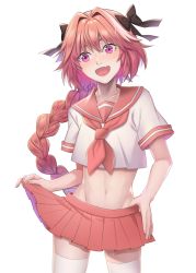 Rule 34 | 1boy, astolfo (fate), astolfo (sailor paladin) (fate), black bow, black skirt, black thighhighs, blush, bow, braid, commentary request, fang, fate/apocrypha, fate/grand order, fate (series), hair bow, hair intakes, hair ribbon, long braid, long hair, looking at viewer, male focus, multicolored hair, official alternate costume, open mouth, pink hair, pink shirt, pink skirt, purple eyes, ribbon, school uniform, serafuku, shirt, single braid, skirt, smile, solo, streaked hair, thighhighs, trap, uttpie, white hair, white shirt, white thighhighs