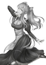 Rule 34 | 1girl, absurdres, alternate costume, apron, breasts, character name, copyright name, enmaided, granblue fantasy, greyscale, hair between eyes, highres, large breasts, long hair, looking at viewer, maid, monochrome, mr2d, smile, solo, vira (granblue fantasy)
