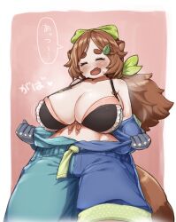 Rule 34 | ..., 1girl, absurdres, animal ears, bare shoulders, blush, border, bow, breasts, brown hair, brown tail, cleavage, closed eyes, commentary request, commission, cowboy shot, dr. kinuta, green bow, hair bow, hair ornament, highres, huge breasts, ichika (ichika manga), indie virtual youtuber, leaf hair ornament, long hair, off shoulder, open mouth, outside border, simple background, skeb commission, solo, speech bubble, spoken ellipsis, sweat, thick eyebrows, translation request, virtual youtuber, white border