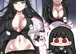 Rule 34 | 1boy, 1girl, doodle sensei (blue archive), black hair, black pantyhose, blue archive, blush, breasts, bright pupils, cellphone, cleavage, closed mouth, collarbone, formal, groin, hair ornament, hairclip, halo, id card, jazz jack, large breasts, long hair, multiple views, navel, pantyhose, partially unbuttoned, phone, pillow, red eyes, rio (blue archive), sensei (blue archive), smartphone, suit, sweater, white pupils, white sweater