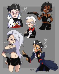 Rule 34 | ..., 2girls, 3boys, annoyed, artist name, black eyes, black hair, black lips, black pants, blitzo (helluva boss), bow, bowtie, breasts, choker, coat, crossed arms, dark skin, dog treat, ear piercing, elynelleart, eyebrow piercing, facial mark, fang, fingerless gloves, formal, fur-trimmed robe, fur trim, gloves, grey background, grey hair, hand on own face, hand on own hip, heart, helluva boss, highres, holding, humanization, long hair, looking at another, looking at viewer, looking to the side, loona (helluva boss), millie (helluva boss), mouth hold, moxxie (helluva boss), multicolored hair, multiple boys, multiple girls, pants, piercing, red bow, red bowtie, red eyes, ribbon choker, robe, short shorts, shorts, signature, small breasts, smirk, squinting, stalk in mouth, stolas (megido72), suit, tank top, tooth gap, torn clothes, two-tone background, two-tone hair, vitiligo, white hair