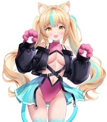 Rule 34 | 1girl, animal ears, aqua skirt, bare shoulders, belt buckle, black jacket, blonde hair, breasts, buckle, character request, commission, cowboy shot, cropped jacket, gluteal fold, hands up, highleg, highleg leotard, highres, jacket, leotard, long hair, long sleeves, looking at viewer, medium breasts, miniskirt, multicolored hair, nami (nyaa), navel, off shoulder, open clothes, open jacket, open mouth, original, paw pose, pink leotard, pleated skirt, revealing clothes, see-through, showgirl skirt, simple background, skirt, smile, solo, thighs, twintails, two-tone hair, underboob, very long hair, white background, yellow eyes