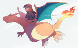 Rule 34 | 1boy, artist name, badge, baseball cap, black pants, black shirt, brown eyes, brown hair, charizard, closed mouth, coat, cocoloco, commentary request, creatures (company), fire, flame-tipped tail, game freak, gen 1 pokemon, hat, male focus, nintendo, pants, pokemon, pokemon (creature), pokemon masters ex, red (pokemon), red (sygna suit) (pokemon), red coat, riding, riding pokemon, shaded face, shirt, simple background, sleeves past elbows, smile, white background