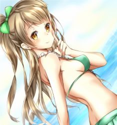 Rule 34 | 1girl, bikini, bikini skirt, blush, bow, breasts, brown hair, commentary request, dutch angle, finger to face, from side, green bikini, green bow, hair bow, halterneck, highres, index finger raised, long hair, looking at viewer, love live!, love live! school idol project, masaki (shinki), medium breasts, minami kotori, ocean, one side up, sideboob, smile, solo, swimsuit, upper body, yellow eyes