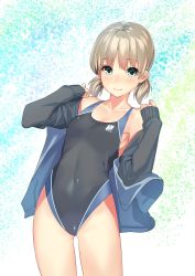Rule 34 | 10s, 1girl, adapted costume, aki (girls und panzer), bare shoulders, black one-piece swimsuit, blonde hair, blue jacket, breasts, closed mouth, collarbone, competition swimsuit, covered navel, cowboy shot, eyebrows, girls und panzer, green eyes, hair tie, highres, jacket, kagematsuri, long sleeves, looking at viewer, low twintails, multicolored background, off shoulder, one-piece swimsuit, open clothes, open jacket, revision, short hair, skin tight, sleeves past wrists, small breasts, smile, solo, standing, swimsuit, thighs, twintails, undressing
