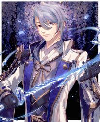 Rule 34 | 1boy, armor, blue eyes, blue hair, closed mouth, collared jacket, commentary request, eyelashes, flower, genshin impact, gloves, gold trim, hair between eyes, hair over shoulder, half gloves, highres, holding, holding sword, holding weapon, jacket, japanese armor, japanese clothes, kado 51, kamisato ayato, kimono, looking at viewer, male focus, medium hair, mole, mole under mouth, open clothes, open jacket, parted bangs, shoulder armor, sidelocks, smile, sode, solo, swept bangs, sword, weapon, white jacket, wisteria