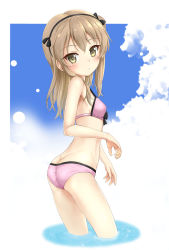 Rule 34 | 1girl, ass, bare arms, bare shoulders, bikini, black bow, black hairband, blush, bow, breasts, brown eyes, brown hair, butt crack, closed mouth, commentary request, day, flipper, girls und panzer, hair between eyes, hair bow, hairband, highres, long hair, looking at viewer, looking to the side, one side up, pink bikini, shimada arisu, small breasts, solo, standing, swimsuit, wading, water