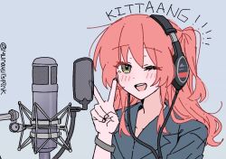 Rule 34 | 1girl, blush, bocchi the rock!, bracelet, english text, green eyes, headphones, jewelry, kita ikuyo, long hair, looking at viewer, microphone, nail polish, open mouth, pink hair, shirt, simple background, smile, solo, v, yunayuispink
