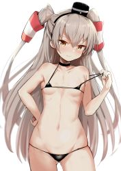 Rule 34 | 1girl, amatsukaze (kancolle), bikini, black bikini, black choker, black hat, brown eyes, choker, commentary request, cowboy shot, flat chest, gluteal fold, hair tubes, haru (renol), hat, highres, kantai collection, long hair, looking at viewer, micro bikini, mini hat, silver hair, simple background, solo, standing, swimsuit, two side up, white background