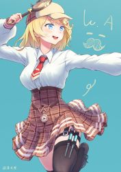 Rule 34 | 1girl, absurdres, aonikuro, aqua background, black thighhighs, blonde hair, blue eyes, blush, brown footwear, collared shirt, dress shirt, hair ornament, hat, highres, hololive, hololive english, huge filesize, looking to the side, magnifying glass, necktie, open mouth, outstretched arm, plaid, pocket watch, shirt, short hair, smile, solo, standing, standing on one leg, syringe, teeth, thighhighs, thighs, tongue, virtual youtuber, watch, watson amelia, watson amelia (1st costume), white shirt