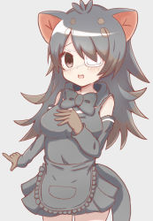 Rule 34 | 1girl, :d, animal ears, apron, australian devil (kemono friends), black apron, black bow, black bowtie, black dress, black hair, black sleeves, blush, bow, bowtie, breasts, brown eyes, brown gloves, brown hair, commentary request, detached sleeves, dress, eyepatch, fang, frilled apron, frills, gloves, grey background, hand up, highres, kemono friends, long hair, long sleeves, looking at viewer, medical eyepatch, medium breasts, multicolored hair, open mouth, pleated dress, simple background, sleeveless, sleeveless dress, smile, solo, sunanuko (ramuneko), tail, two-tone hair, very long hair, waist apron