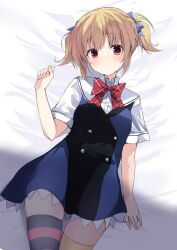Rule 34 | 1girl, arm at side, asymmetrical legwear, bed sheet, black dress, blue bow, blue dress, blush, bow, breasts, brown hair, closed mouth, commentary request, cowboy shot, dress, eyelashes, frilled dress, frills, grisaia (series), grisaia no kajitsu, hair between eyes, hair bow, hand up, happy, head tilt, highres, irisu makina, looking at viewer, lying, mismatched legwear, on back, plaid, plaid bow, red bow, red eyes, sailor collar, school uniform, shirt, short dress, short hair, short sleeves, short twintails, skindentation, small breasts, smile, solo, striped clothes, striped thighhighs, takepoison, thighhighs, twintails, two-tone dress, white sailor collar, white shirt, yellow thighhighs, zettai ryouiki