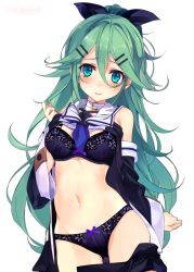 Rule 34 | 10s, 1girl, 3:, aqua eyes, arm at side, artist name, blue neckerchief, blush, bra, breasts, closed mouth, clothes lift, clothes pull, collar, cowboy shot, detached sleeves, green hair, hair between eyes, twirling hair, kantai collection, lingerie, long hair, looking at viewer, medium breasts, navel, neckerchief, panties, purple bra, purple panties, shirokitsune, shirt lift, simple background, skirt, skirt pull, smile, solo, underwear, very long hair, white background, wide sleeves, yamakaze (kancolle)