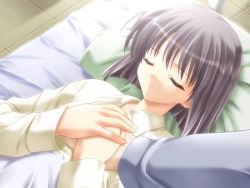 Rule 34 | 00s, 1girl, bed, canvas, closed eyes, game cg, grey hair, kimikage yurina, solo