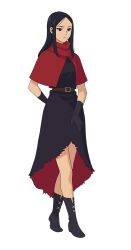 Rule 34 | 1girl, belt, black dress, black eyes, black footwear, black gloves, black hair, boots, brown belt, capelet, dress, dungeon meshi, full body, gloves, highres, long hair, official art, red capelet, red dress, rin (dungeon meshi), simple background, solo, straight hair, tachi-e, transparent background, two-sided dress, two-sided fabric