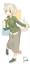 Rule 34 | 1girl, :d, alternate costume, animal ears, artist name, bag, blouse, casual, collared shirt, contemporary, dated, full body, green sweater, grey footwear, grey skirt, hair between eyes, leg lift, long skirt, long sleeves, looking at viewer, open mouth, outstretched arm, red eyes, sanpaku, seu kaname, shirt, shoes, short hair, shoulder bag, signature, silver hair, skirt, smile, solo, standing, sweater, tail, tareme, teeth, upper teeth only, white background, white shirt, wing collar, wolf ears, wolf tail