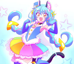 Rule 34 | 1girl, :d, animal ear fluff, animal ears, black choker, blue footwear, blue hair, blue hat, boots, braid, cape, cat ears, cat girl, cat tail, choker, cure cosmo, dress, earrings, elbow gloves, fur-trimmed boots, fur trim, gloves, hair ornament, hat, high heel boots, high heels, jewelry, leg up, long hair, looking at viewer, low twin braids, magical girl, mini hat, mini top hat, multicolored clothes, multicolored dress, multicolored hair, open mouth, paw pose, pink hair, pointy ears, precure, short dress, sleeveless, sleeveless dress, smile, solo, standing, star (symbol), star twinkle precure, streaked hair, tail, thigh boots, tilted headwear, top hat, twin braids, very long hair, white cape, yellow eyes, zerolay