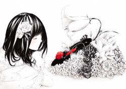Rule 34 | 1girl, closed eyes, female focus, flower, hair flower, hair ornament, monochrome, plant, record, red flower, red rose, rose, solo, sousou (sousouworks), spot color, thorns, white background