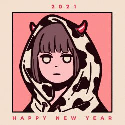 Rule 34 | 1girl, 2021, absurdres, animal print, brown hair, chinese zodiac, cow horns, cow print, drawstring, expressionless, flat color, happy new year, highres, hood, hood down, horns, miyoshi yoshimi, new year, original, pink background, portrait, short hair, solo, white eyes, year of the ox