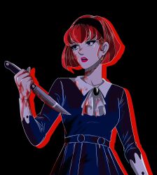 Rule 34 | 1girl, ascot, black dress, black eyes, black hairband, blood, blood on clothes, blood on face, blood on hands, bob cut, dress, expressionless, hairband, highres, holding, holding knife, knife, megadeus mommy, pale skin, r dorothy wayneright, red hair, red lips, short hair, solo, the big o
