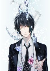 Rule 34 | 1boy, beads, black jacket, black nails, black necktie, blue flower, catching, chain, collared shirt, crystal, cup, drinking glass, eyebrows, floating, floating object, flower, glass, hair between eyes, head tilt, highres, indie utaite, jacket, jewelry, liquid flower, looking at viewer, male focus, nail polish, necktie, niconico, parted lips, patterned background, pink flower, purple flower, ring, shade, shirt, solo, tattoo, underwear, unzipped, utaite, uutan, valshe, water, white shirt, wine glass, yellow eyes