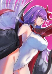 Rule 34 | 1girl, bare shoulders, bat wings, bb (fate), bb (fate) (all), bb (swimsuit mooncancer) (fate), bb (swimsuit mooncancer) (third ascension) (fate), black coat, blush, breasts, coat, fate/grand order, fate (series), gloves, hair ribbon, highleg, highleg leotard, highres, large breasts, leotard, long hair, looking at viewer, minestrongzzz, neck ribbon, open clothes, open coat, popped collar, purple eyes, purple hair, red ribbon, ribbon, smile, solo, thighs, very long hair, white gloves, white leotard, wings