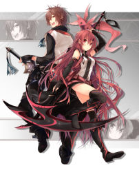 Rule 34 | 1boy, 1girl, :d, animal, back-to-back, black thighhighs, boots, brown eyes, brown hair, gloves, grey background, highres, kuwashima rein, long hair, looking at viewer, looking back, open mouth, original, pants, pink eyes, pink hair, profile, scythe, sheath, short shorts, shorts, simple background, smile, sword, thighhighs, weapon, zettai ryouiki, zoom layer