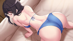 Rule 34 | 1girl, all fours, ass, back, bed sheet, bikini, black hair, blue bikini, breasts, brown eyes, closed mouth, commentary request, from behind, glasses, huyumitsu, large breasts, long hair, looking back, original, shoulder blades, solo, swimsuit