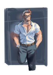 Rule 34 | 1321adgjmptw, 1boy, alternate costume, beard, belt, blue eyes, brown hair, denim, closed eyes, facial hair, fate/grand order, fate (series), glasses, highres, jeans, large pectorals, long sideburns, long sleeves, pectoral cleavage, male focus, muscular, napoleon bonaparte (fate), open clothes, open shirt, pants, pectorals, sideburns, simple background, sketch, solo, thighs, uniform