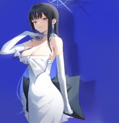 Rule 34 | 1girl, absurdres, black hair, blue archive, blue background, blue eyes, blue hair, blue halo, breasts, choker, cleavage, collarbone, colored inner hair, dress, elbow gloves, gloves, grin, halo, highres, large breasts, long hair, looking at viewer, multicolored hair, nonoa, official alternate costume, saori (blue archive), saori (dress) (blue archive), simple background, smile, solo, strapless, strapless dress, white choker, white dress, white gloves