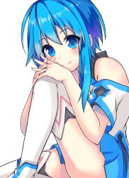 Rule 34 | 1girl, ass, bare shoulders, blue eyes, blue hair, blue skirt, blush, commentary request, dot nose, hair between eyes, highres, homura0620alicia, long hair, looking at viewer, original, short sleeves, sidelocks, skirt, smile, solo, thighs, white legwear