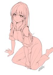 Rule 34 | 1girl, arm support, bare shoulders, barefoot, blush, braid, closed mouth, clothing cutout, collarbone, frilled sleeves, frills, highres, long hair, looking at viewer, monochrome, original, shirt, shoulder cutout, simple background, sitting, skirt, smile, solo, unasaka ryou, white background, yokozuwari