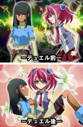 Rule 34 | 2girls, 2koma, anger vein, angry, ankle boots, bare shoulders, before and after, belt, black hair, black legwear, blue eyes, blue footwear, blunt bangs, blush, boots, bracelet, breasts, carrying, clenched hand, clenched teeth, collared shirt, comic, constricted pupils, crop top, dark-skinned female, dark skin, dress, eye contact, flower, gradient background, hair ornament, hairpods, hand on own hip, heart, heart background, hiiragi yuzu, instant loss, jewelry, kotsu masumi, lens flare, light purple hair, light smile, lily (flower), long hair, long sleeves, looking at another, multicolored hair, multiple girls, multiple views, musical note, necktie, nervous, own hands together, pink eyes, pink hair, pleated skirt, princess carry, profile, purple hair, raijin-bh, red eyes, shirt, short hair, short sleeves, short twintails, skirt, small breasts, smile, sweatdrop, teeth, thigh strap, thighhighs, translated, turtleneck, twintails, wavy mouth, yu-gi-oh!, yu-gi-oh! arc-v, yuri