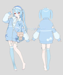 Rule 34 | 1girl, barefoot, blue hair, blue jacket, blue shirt, blue thighhighs, character sheet, chest harness, clothing cutout, commentary request, commission, from behind, full body, grey background, hair between eyes, hairband, hand up, harness, highres, jacket, lolita hairband, long hair, long sleeves, looking at viewer, machico maki, multiple views, o-ring, o-ring thigh strap, original, qiya (kia 098), red eyes, shirt, single barefoot, single thighhigh, sleeves past fingers, sleeves past wrists, standing, stuffed animal, stuffed cat, stuffed toy, tenshi kaiwai, thigh strap, thighhighs, two side up