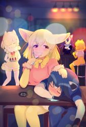 Rule 34 | 10s, 5girls, ^ ^, alpaca suri (kemono friends), ancolatte (onikuanco), bar (place), blush, closed eyes, common raccoon (kemono friends), counter, cup, drinking, drinking glass, drooling, drunk, fennec (kemono friends), grey wolf (kemono friends), hair over one eye, half-closed eyes, hand on another&#039;s head, headpat, highres, indoors, jaguar (kemono friends), kemono friends, multiple girls, pantyhose, sitting, smile, wine glass
