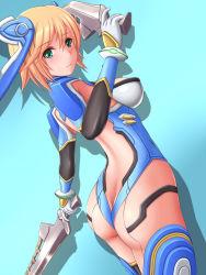 Rule 34 | 1girl, android, armor, ass, back, blonde hair, blush, breasts, butt crack, cyborg, dual wielding, elbow gloves, fiora (xenoblade), from behind, gloves, green eyes, headgear, highres, hiro (hankakudouga), holding, light smile, looking at viewer, looking back, mecha musume, nintendo, robot, shadow, short hair, sideboob, smile, solo, super smash bros., sword, weapon, alternate universe, xenoblade chronicles (series)