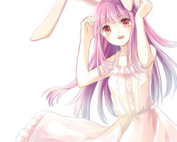 Rule 34 | 1girl, alternate costume, animal ears, bare arms, bare shoulders, dress, kashiwagi chisame, long hair, looking at viewer, pink dress, purple hair, rabbit ears, red eyes, reisen udongein inaba, simple background, sleeveless, sleeveless dress, smile, solo, sundress, touhou, very long hair
