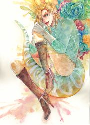 Rule 34 | 1boy, blonde hair, boots, brown footwear, flower, full body, gloves, green eyes, hair over one eye, high heel boots, high heels, highres, jojo no kimyou na bouken, lipstick, makeup, male focus, painting (medium), rearu, red lips, rose, scary monsters (stand), solo, spurs, stand (jojo), steel ball run, stiletto heels, tail, traditional media, watercolor (medium), white gloves