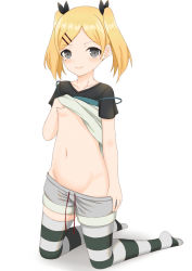 Rule 34 | 10s, 1girl, clothes lift, clothes pull, full body, groin, hair ornament, hair ribbon, kneeling, looking at viewer, mole, mole under eye, navel, petite, ribbon, shirobako, shirt, shirt lift, short sleeves, shorts, shorts pull, simple background, smile, solo, stomach, strap, strap slip, striped clothes, striped thighhighs, thighhighs, toshishikisai, twintails, white background, yano erika