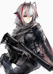 Rule 34 | 1girl, absurdres, ahoge, alternate costume, arknights, assault rifle, black cape, black pants, black scarf, black shirt, cape, commentary request, demon horns, feet out of frame, firearm request, grey hair, gun, hair between eyes, highres, holding, holding gun, holding weapon, horns, looking to the side, pants, pouch, rifle, scarf, shirt, short hair, simple background, sitting, solo, t800, w (arknights), weapon, white background