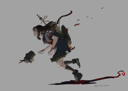 Rule 34 | 1girl, adapted turret, anchor symbol, black hair, black skirt, blood, blood on arm, blood on clothes, blood on hands, blue sailor collar, character request, dated, grey background, highres, kantai collection, kuragare, long hair, machinery, pleated skirt, rigging, sailor collar, scar, scar on arm, school uniform, serafuku, short sleeves, sidelocks, signature, skirt, smokestack, torn hair ribbon, torpedo launcher