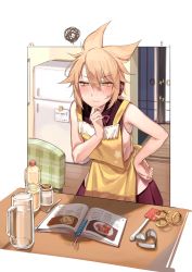 Rule 34 | 1girl, absurdres, apron, bare arms, blonde hair, blush, book, bookmark, bottle, chair, cork, hair between eyes, hand on own hip, hand on own chin, highres, indoors, jar, looking down, pointy ears, purple skirt, refrigerator, sarashi, shan, shirt, simple background, skirt, sleeveless, sleeveless shirt, solo, spatula, squiggle, table, touhou, toyosatomimi no miko, white background, white day, wooden floor, yellow eyes