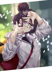 Rule 34 | 1girl, :p, arm up, bag, bespectacled, bird, black-framed eyewear, black hair, blurry, blurry background, bokeh, closed mouth, commission, depth of field, fate/grand order, fate (series), finger frame, flock, glasses, grey jacket, hair bun, hair ornament, hairclip, hand up, head tilt, hood, hood down, hooded jacket, jacket, katsushika hokusai (fate), katsushika hokusai (traveling outfit) (fate), long sleeves, looking at viewer, multicolored nails, nabeshima tetsuhiro, nail polish, official alternate costume, one eye closed, purple eyes, red nails, round eyewear, short hair, shoulder bag, sidelocks, single hair bun, skeb commission, solo, tongue, tongue out, upper body
