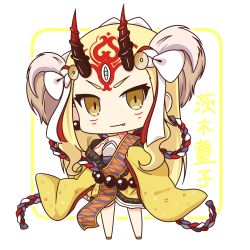 Rule 34 | 1girl, blonde hair, busoushinkimms, chibi, fang, fang out, fate/grand order, fate (series), hair ornament, highres, horns, ibaraki douji (fate), japanese clothes, kimono, long hair, looking at viewer, oni, smile, solo, yellow eyes