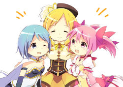 Rule 34 | 10s, 3girls, bad id, bad pixiv id, blonde hair, blue eyes, blue hair, bow, bubble skirt, closed eyes, drill hair, gloves, hair bow, hair ornament, hair ribbon, hairclip, hand on shoulder, hat, kaname madoka, kaname madoka (magical girl), long hair, magical girl, mahou shoujo madoka magica, mahou shoujo madoka magica (anime), miki sayaka, miki sayaka (magical girl), multiple girls, one eye closed, open mouth, pink eyes, pink hair, rainbow order, ribbon, short hair, short twintails, skirt, smile, tomoe mami, tomoe mami (magical girl), twin drills, twintails, uzupico, wink, yellow skirt