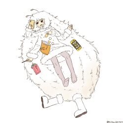 Rule 34 | 1girl, antennae, arthropod girl, artist name, bag of chips, barefoot, boots, cellphone, chips (food), dress, enutsuu, extra arms, feet, fluffy hair, food, from above, full body, fur-trimmed dress, fur-trimmed footwear, fur trim, grey pantyhose, highres, holding, holding food, holding phone, holding pocky, jitome, limited palette, long hair, lying, monster girl, nintendo switch, on back, on floor, original, pantyhose, parted lips, phone, pocky, smartphone, solo, unworn boots, very long hair, white background, white dress, white hair