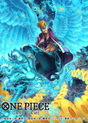 Rule 34 | 1boy, abs, anchor tattoo, blonde hair, blue fire, chest tattoo, clenched teeth, commentary request, english text, facial hair, fiery wings, fire, harpy boy, jacket, male focus, marco (one piece), mohawk, monster boy, official art, one piece, one piece card game, open clothes, open jacket, short hair, solo, tatsuya (atelier road), tattoo, teeth, translation request, wings