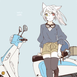 Rule 34 | 1girl, :&lt;, animal ears, artist name, black thighhighs, blue background, boots, cat ears, closed mouth, contemporary, cross-laced footwear, facial mark, final fantasy, final fantasy xiv, flat color, goggles, goggles around neck, unworn headwear, helmet, unworn helmet, heterochromia, lace-up boots, lili mdoki, long hair, looking to the side, miqo&#039;te, motor vehicle, ponytail, scooter, shorts, signature, sitting, solo, thighhighs, white hair
