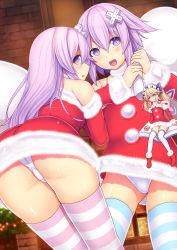 Rule 34 | 10s, 3girls, :d, blue eyes, book, d-pad, daiaru, female focus, hair ornament, highres, histoire, light purple hair, long hair, looking at viewer, looking back, looking to the side, mini person, minigirl, multiple girls, nepgear, neptune (neptunia), neptune (series), open mouth, panties, purple eyes, santa costume, short hair, siblings, sisters, size difference, smile, striped clothes, striped legwear, striped thighhighs, thighhighs, twintails, underwear, upskirt, white panties, wings